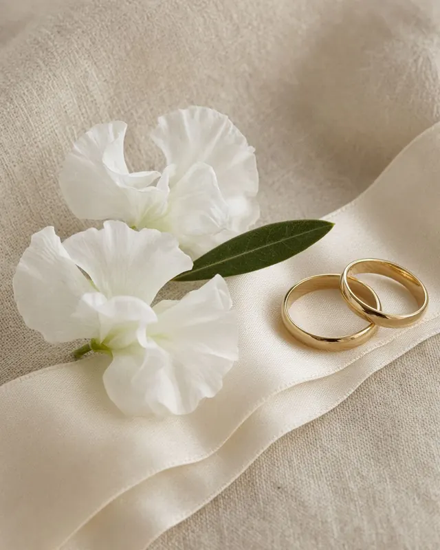 Two thin gold bands and white sweet peas on an ivory ribbon